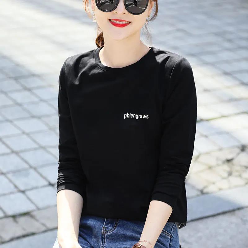 白色长袖t恤女新疆棉宽松大码女装圆领黑色打底衫百搭简约上衣女