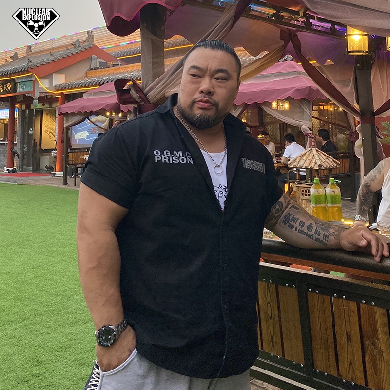 核爆炸潮牌匪帮硬汉黑色美式宽松超大码男女休闲外套短袖囚服衬衫