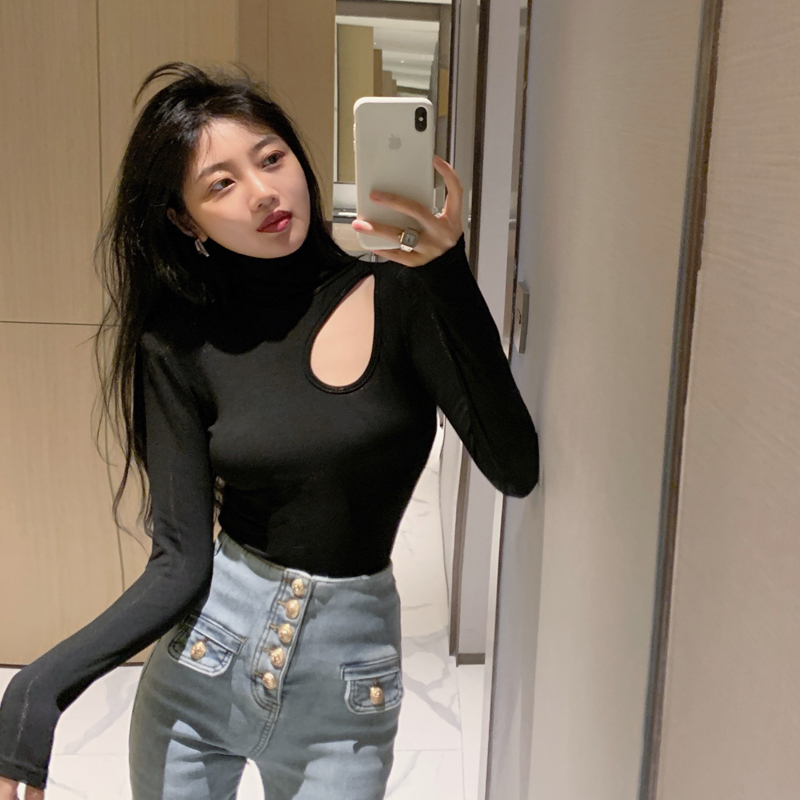 【小水珠】21C2827设计感小众加绒垫肩t恤女纯欲风上衣高领打底衫