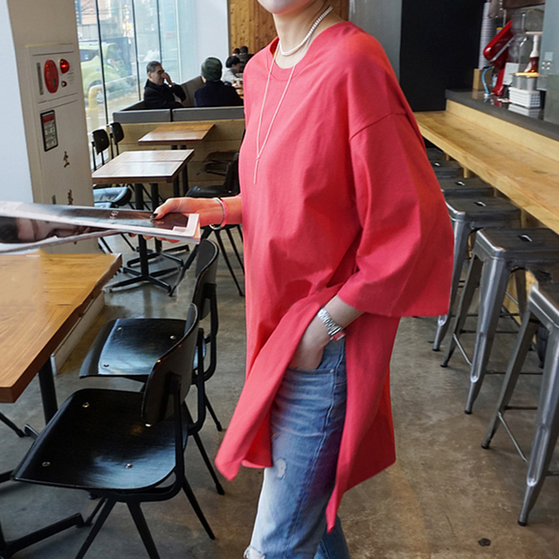 短袖女新款韩系chic上衣宽松开叉中长款大码ins半袖T恤