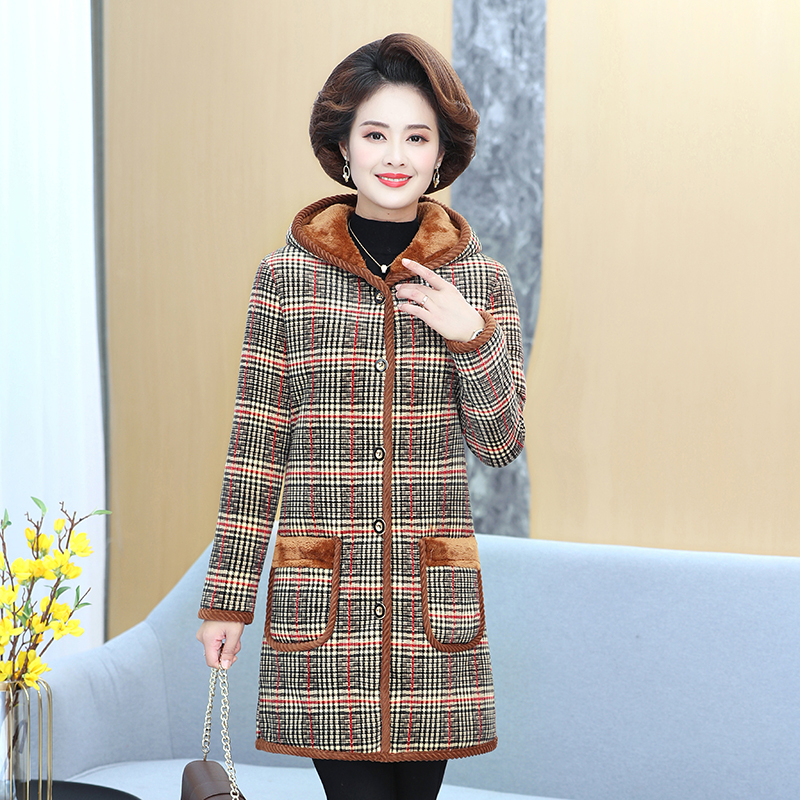 洋气妈妈冬装 加绒加厚棉衣外套中老年时尚百搭连帽中长款棉服