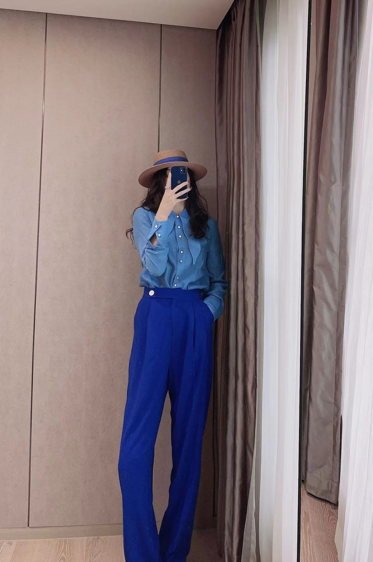 清库复古阔版克莱因蓝休闲西裤阔腿高腰时尚