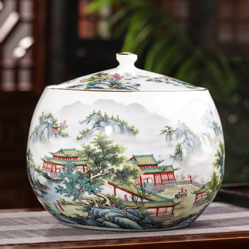 秋云静晚天山水茶叶罐储物罐景德镇陶瓷罐