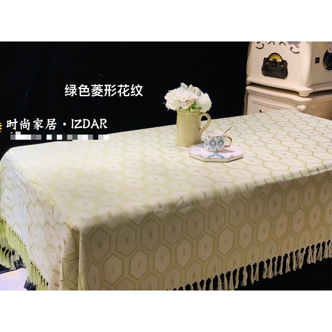 丝缎棉混纺布料桌布菱形花纹绿色家用 长方形 几何图案 北欧 加厚