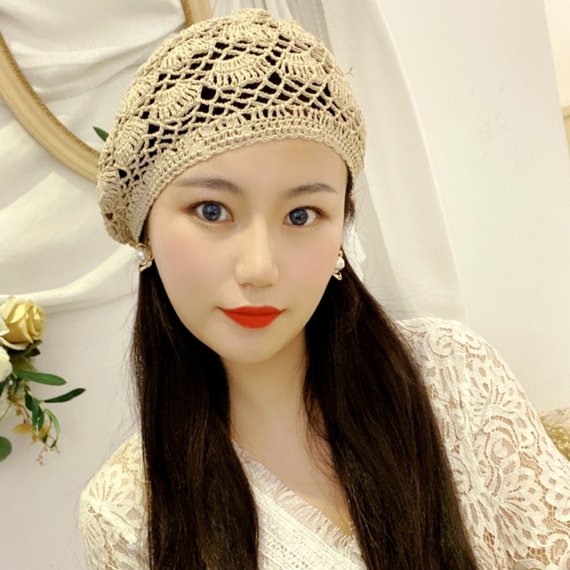 原创手工纯亚麻镂空帽女透气四季帽复古文艺百搭优雅包头帽针织帽