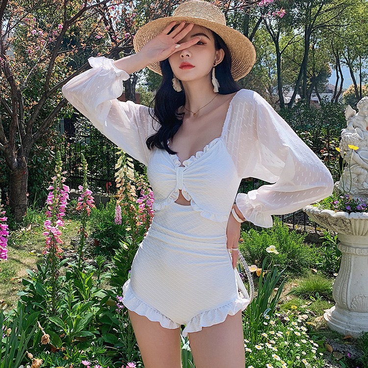 美亦舒美亦舒泳衣女连体长袖防晒遮肚显瘦性感小胸聚拢温泉泳装女
