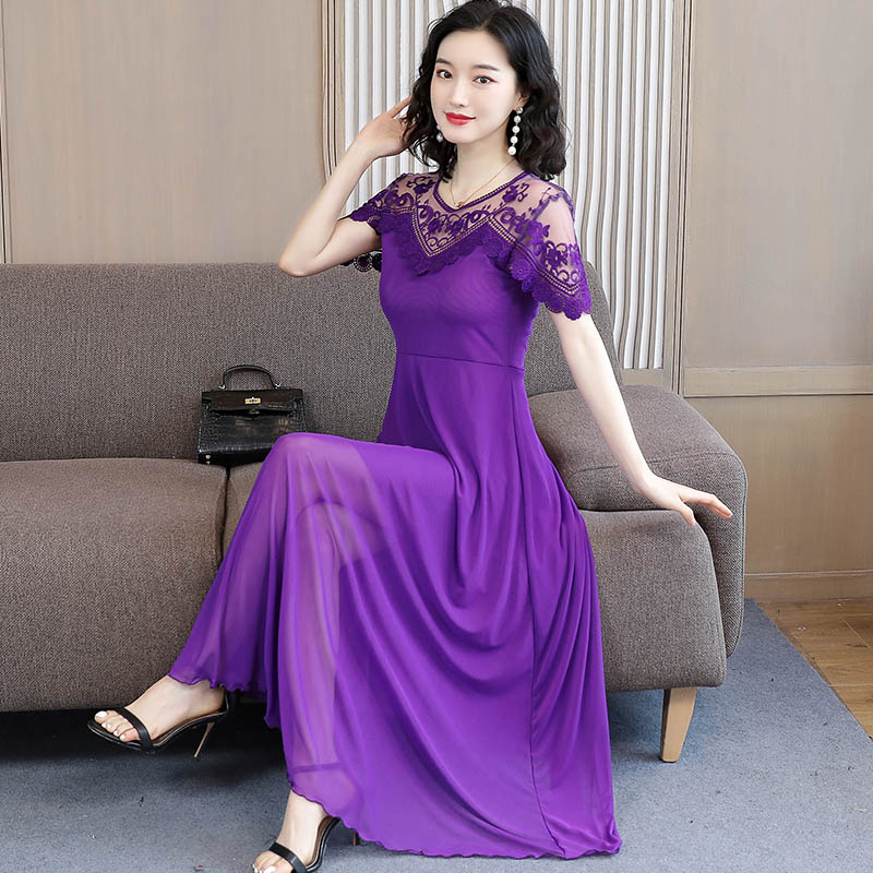 网纱连衣裙女夏长裙2025新款短袖过膝收腰显瘦大摆气质长款蕾丝裙