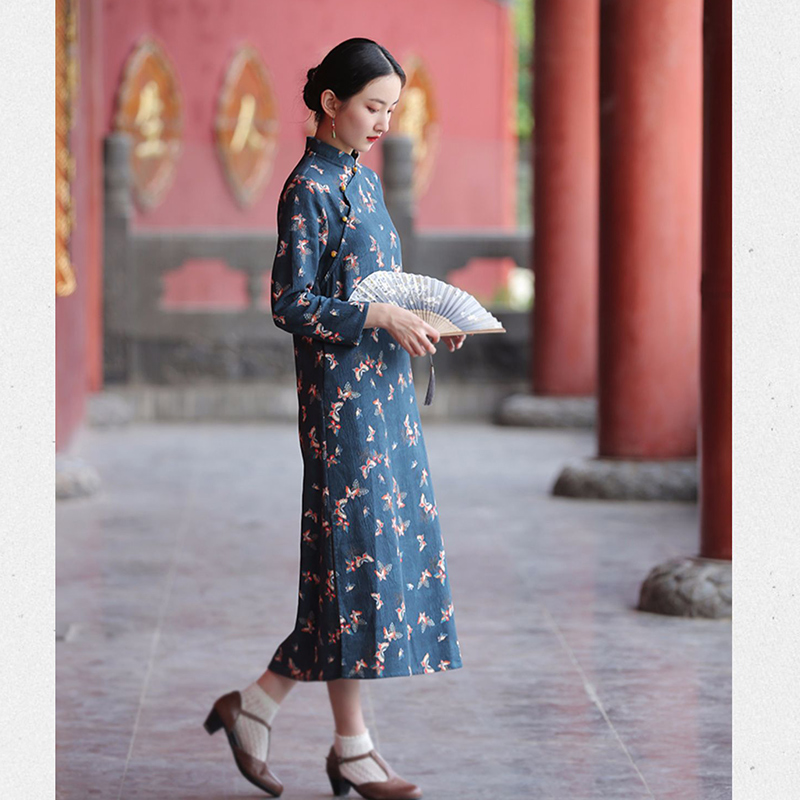 炸街秋冬季旗袍连衣裙女盘扣印花复古宽松春秋冬季中长款中式斜襟