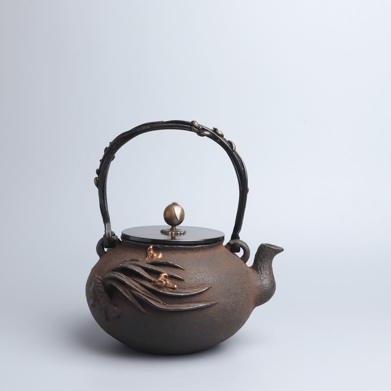 容量1200毫升 日本高冈大师竹中胜治作兰梅图铁壶 茶具烧水壶