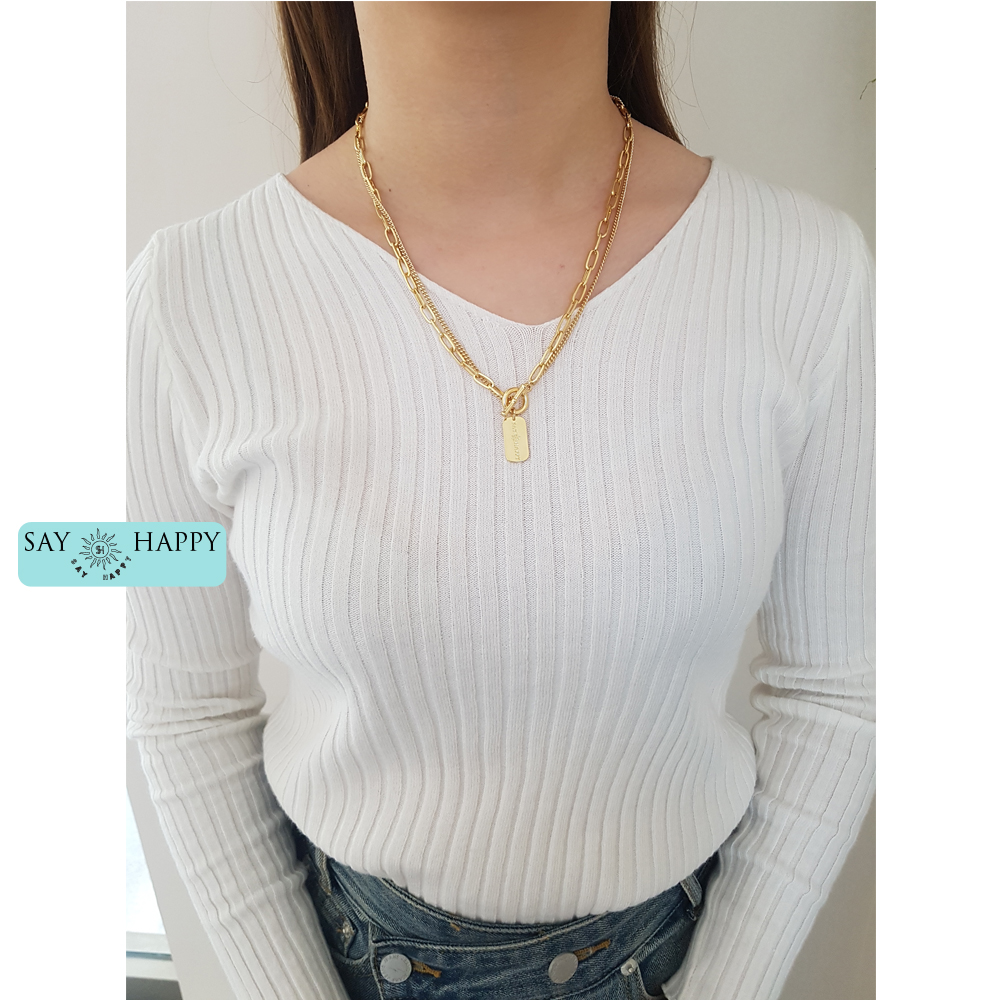 铜合金项链 SAY HAPPY 韩国风 铭记幸福 铭牌双层项链