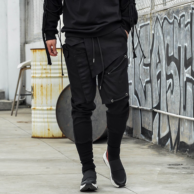 山本风裤子男春秋季韩版潮流束脚暗黑朋克发型师假两件哈伦长裤