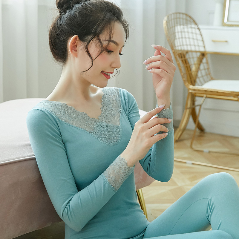 秋衣秋裤女士莱卡棉套装薄款蕾丝棉毛衫大码美体保暖内衣女打底