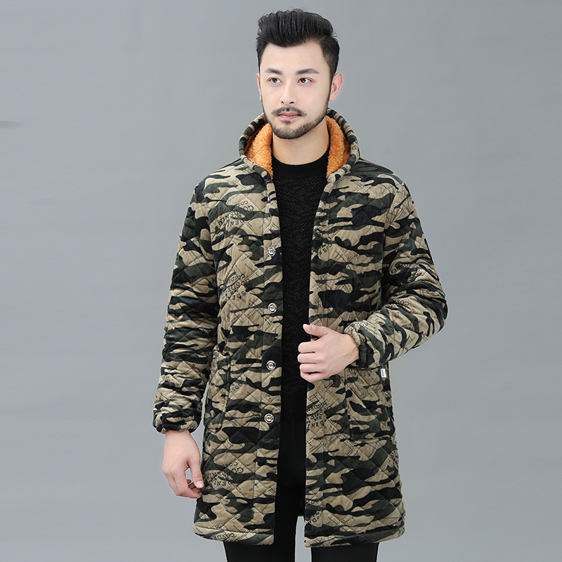 六荷秋冬长款耐磨免烫棉衣保暖加绒中长款迷彩长袖加厚棉服秋冬