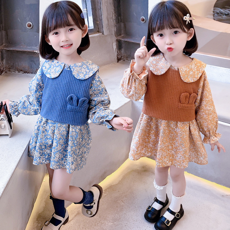 女童裙子套装2025春装新款甜美可爱碎花娃娃领连衣裙加马甲两件套