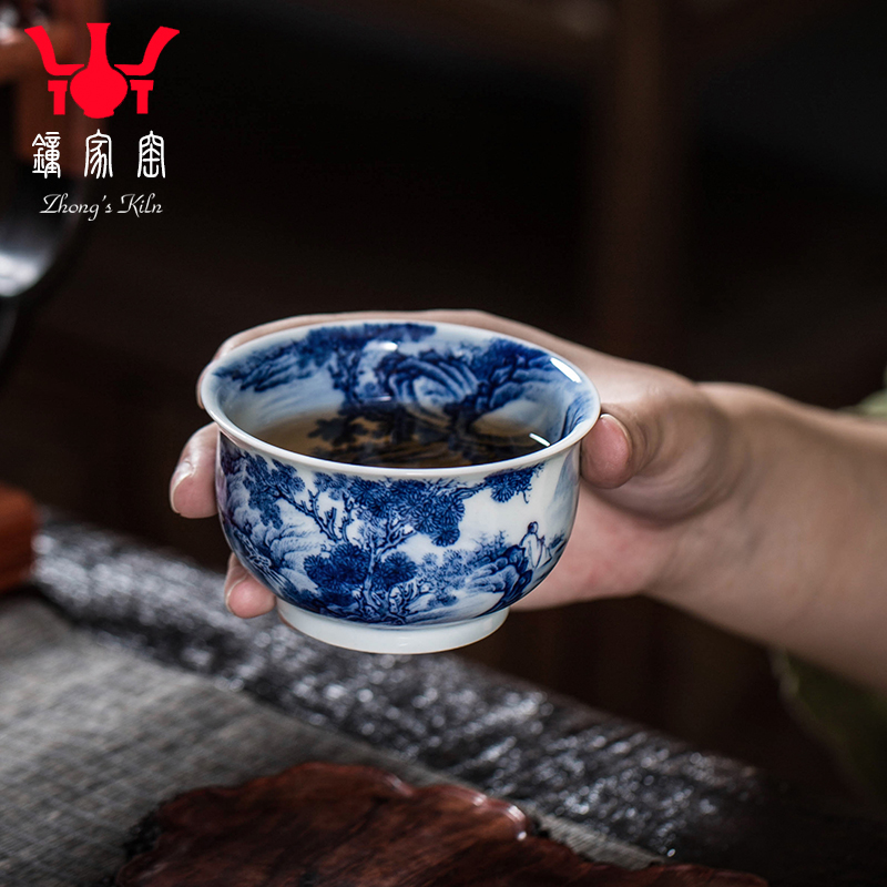 钟家窑主人杯单杯景德镇青花柴窑满工重工纯手绘山水个人专用茶杯
