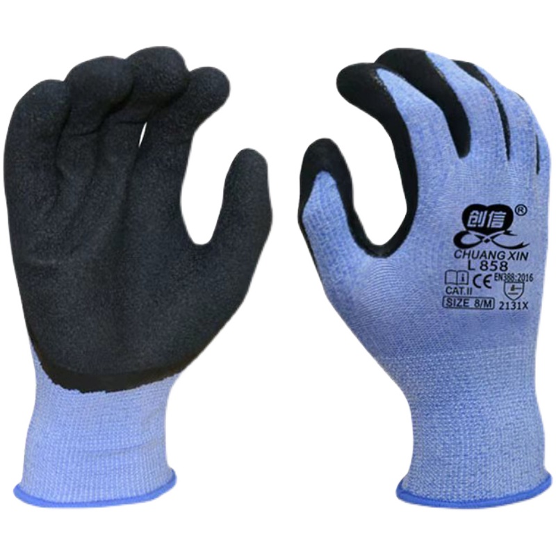 创信黑色弹力手套劳保工作防滑带胶耐磨乳胶发泡透气薄款保护防护