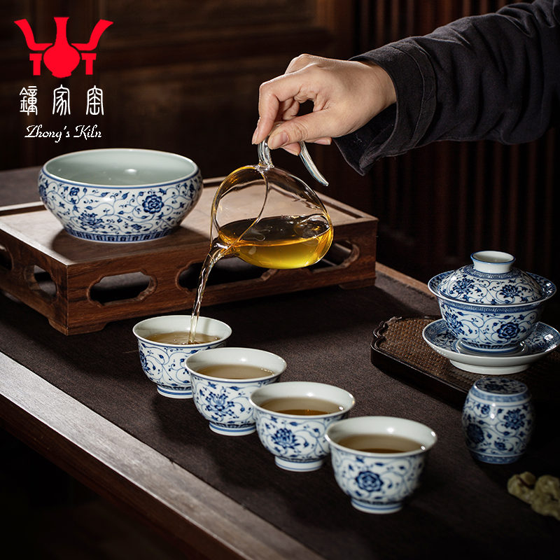 钟家窑三才盖碗茶杯家用套装泡茶碗景德镇柴窑青花缠枝花纹茶具