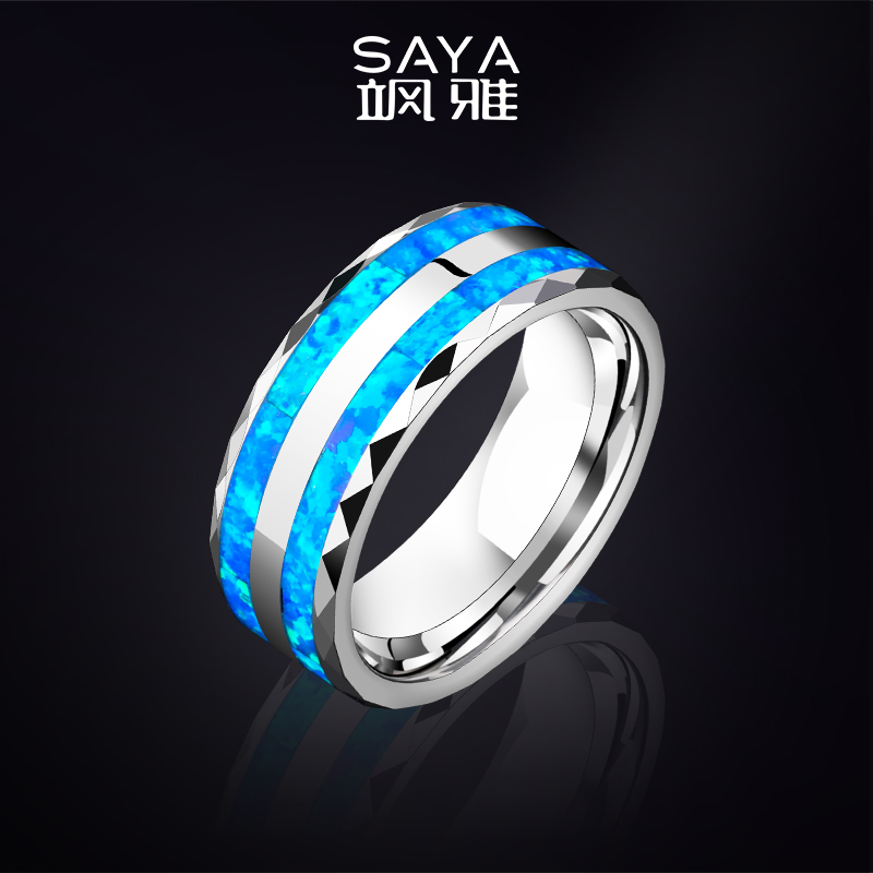 飒雅 钨合金戒指 男士欧美时尚双层蓝色指环霸气个性宽版男戒J165