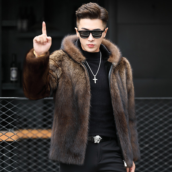新款北美渔貂男士整貂水貂时尚夹克冬季拉链带帽休闲连帽貂皮大衣