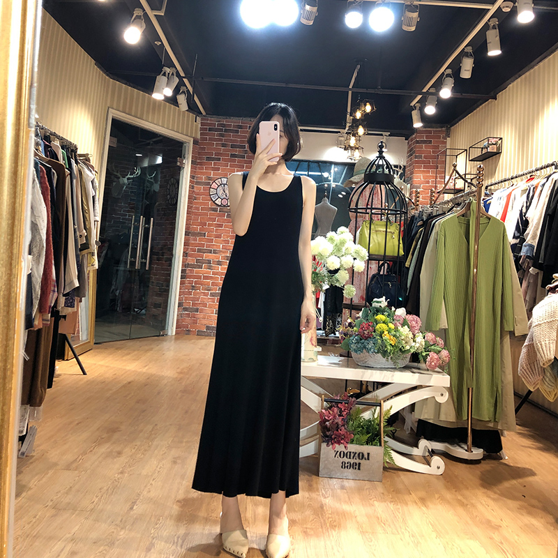 幼瓷针织吊带裙女春夏新款长款背心连衣裙无袖打底黑色长裙