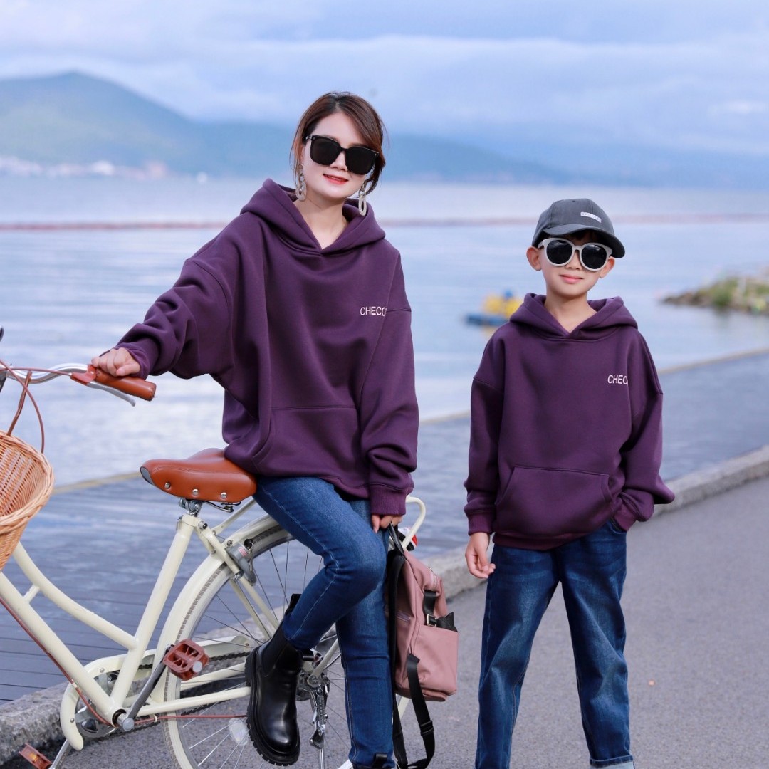 【哲思凡原创亲子装】韩版时尚洋气紫色品牌LOGO保暖加绒连帽卫衣