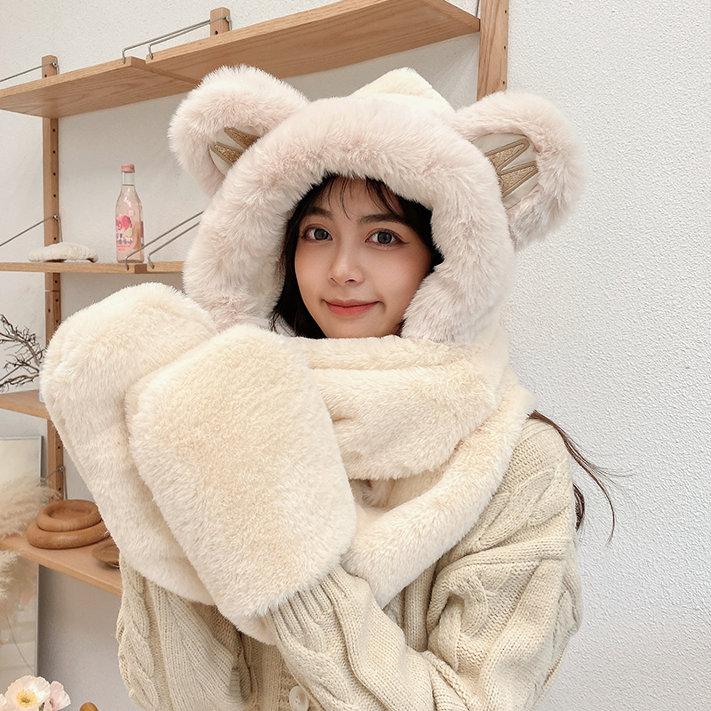 【淘喜精选】新款小熊帽子女冬季可爱保暖连帽围巾手套三件套一体