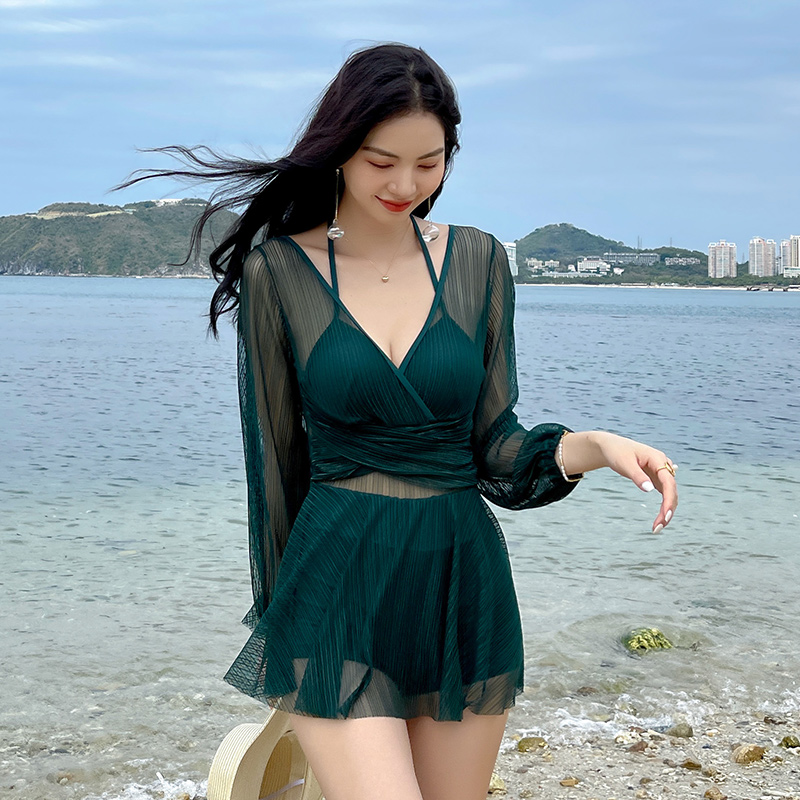 【汐歌儿】抹胸薄荷绿泳衣女士长袖防晒温泉钢托聚拢纯色遮肚高级感