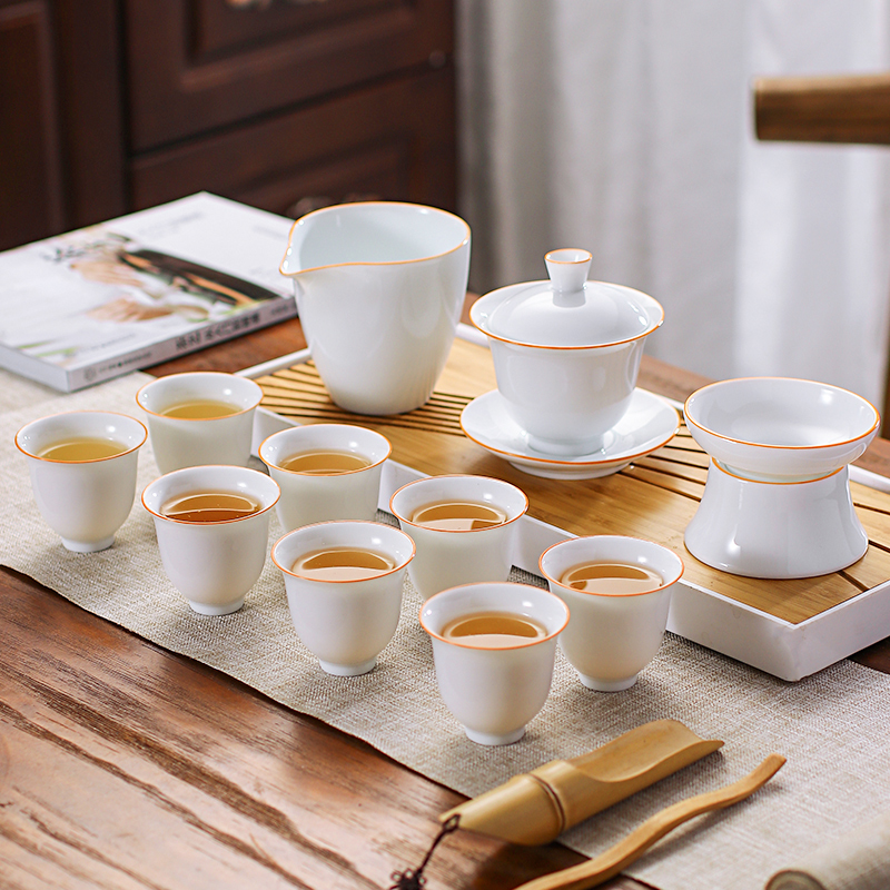 功夫茶具套装家用现代轻奢简约客厅泡茶办公室会客甜白瓷盖碗茶杯