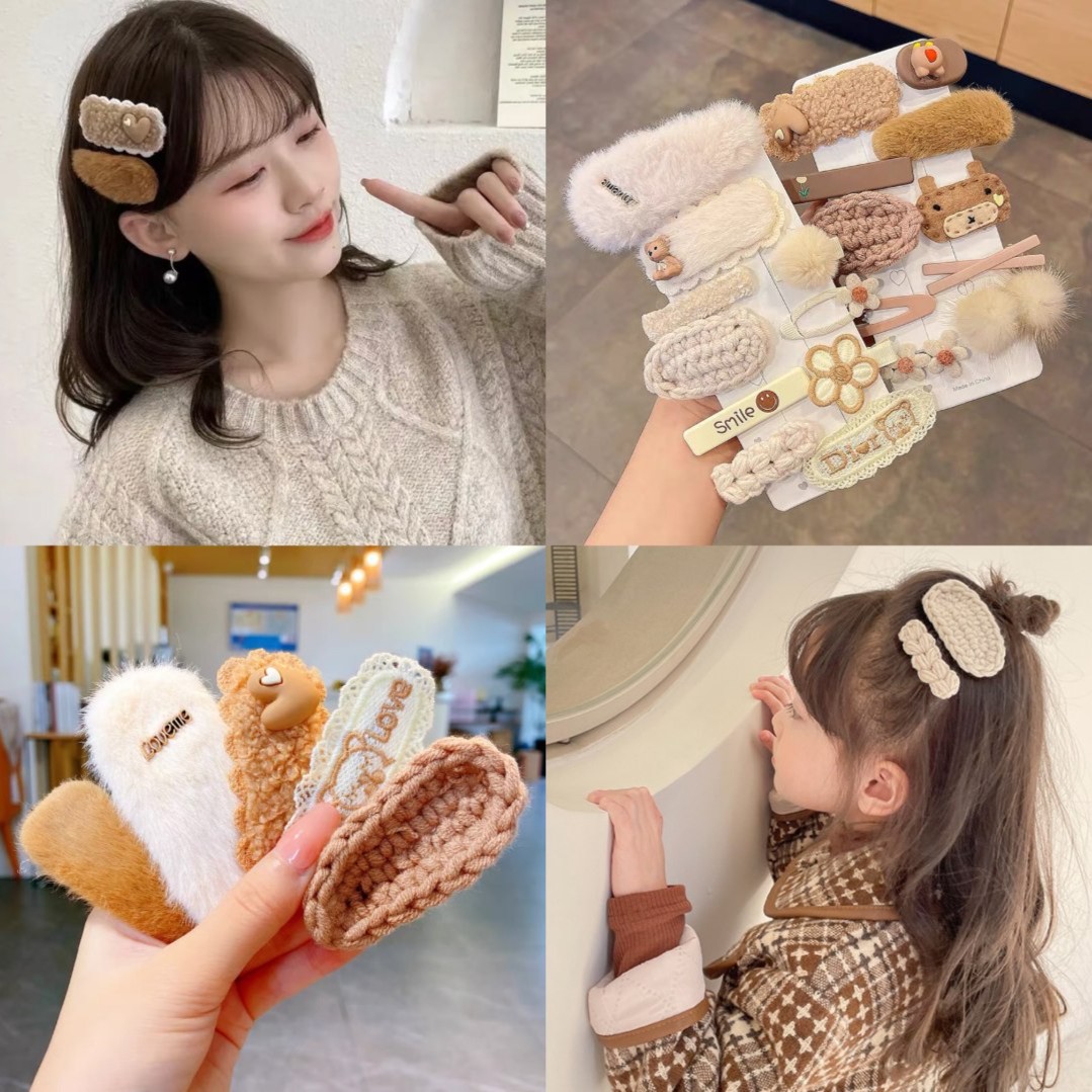 义佰满分10件套可爱毛绒发夹日系刘海侧边夹子碎发夹头饰发饰发卡