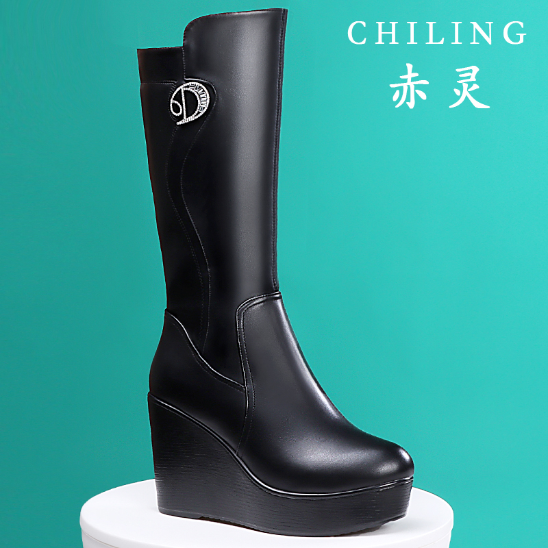 软头层牛皮坡跟中筒女靴加厚棉粗筒围拉链长靴防水台厚底单皮靴子