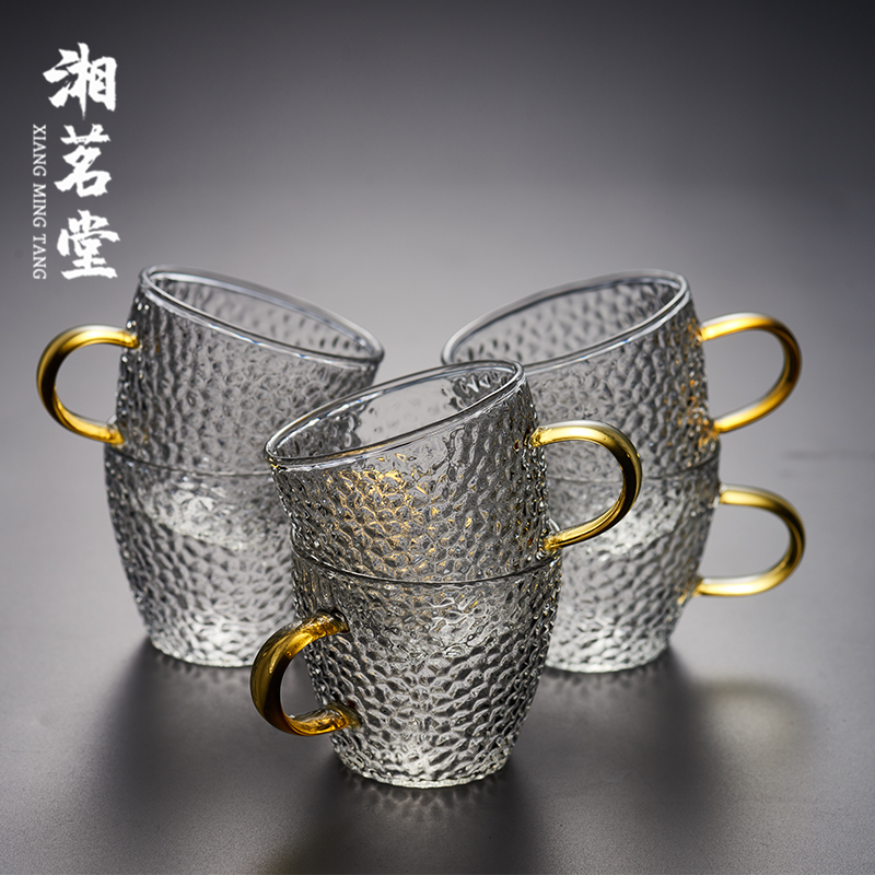 加厚耐热锤纹玻璃品茗杯小茶杯带把杯功夫茶具套装家用水杯子茶碗