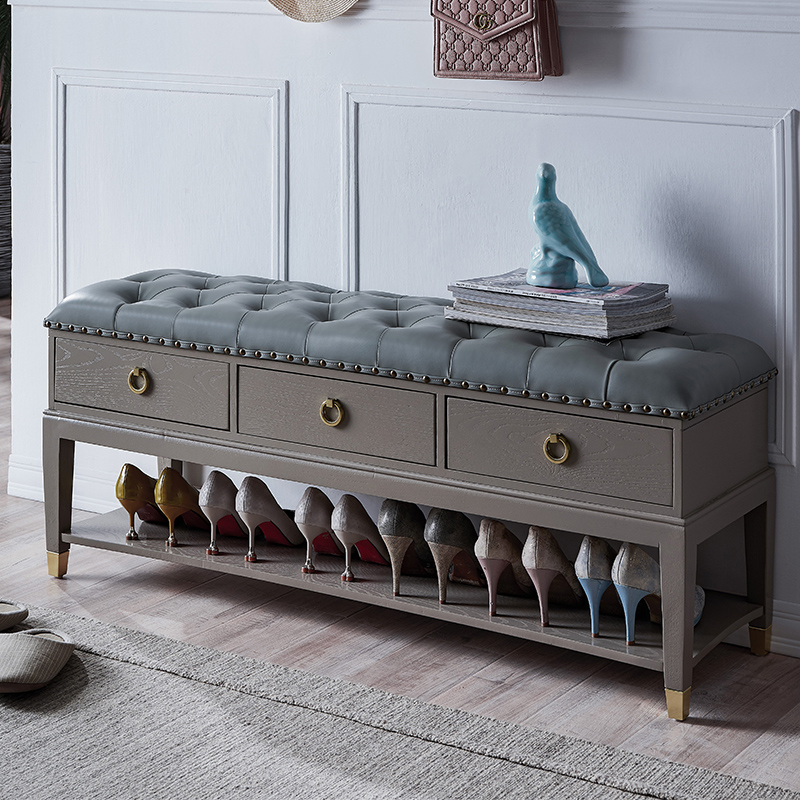 新中式凳子鞋柜实木网红款储物灰色轻奢门口穿鞋可坐家用凳鞋架