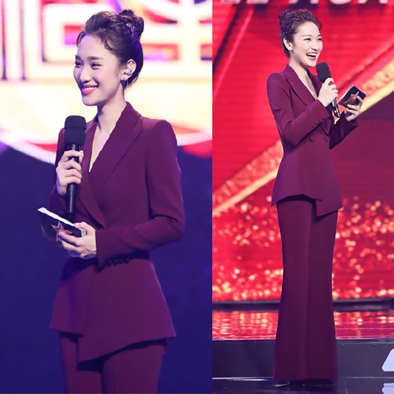 春秋新款酒红色西装套装女职业正装气质修身主持人西服外套长袖