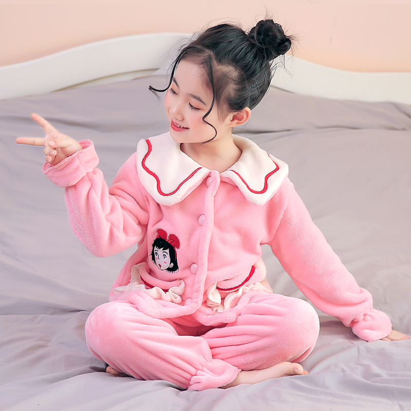 女童睡衣冬季法兰绒儿童珊瑚绒中大童小女孩公主加绒厚家居服套装