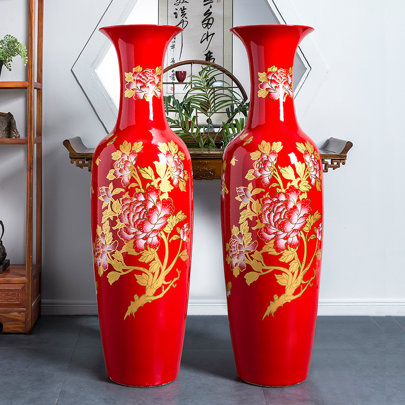 鸿轩景德镇陶瓷大花瓶红色花开富贵客厅落地装饰摆件大号特大开业