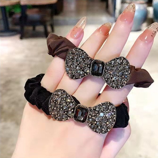 2件装韩国东大门水晶满钻蝴蝶结发圈复古发绳优雅小肠圈头绳皮筋