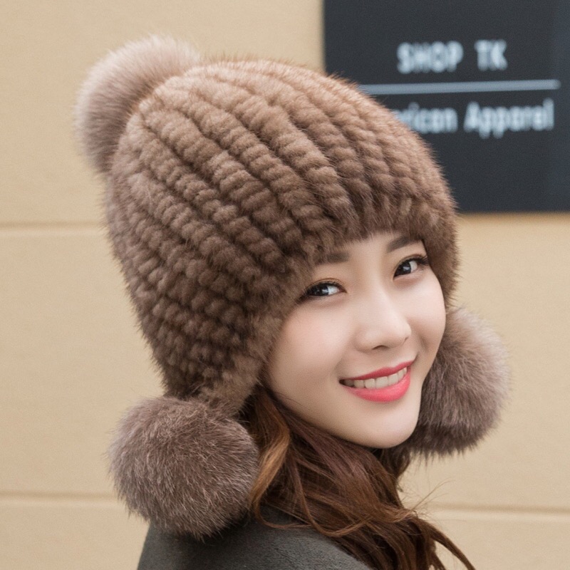 进口水貂毛帽子三球狐狸毛球