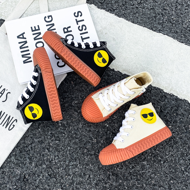 opoee2025年春款卡通墨镜笑脸高帮系带男童女童布鞋儿童帆布鞋潮