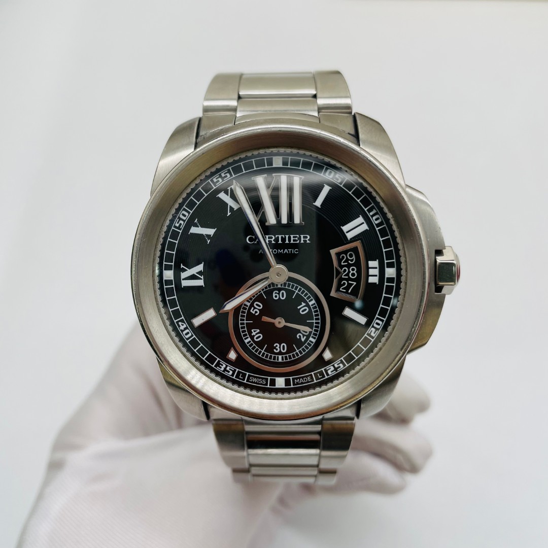 99新 Cartier/卡地亚 卡利博W7100016 精钢42机械 男表 黑盘 单表