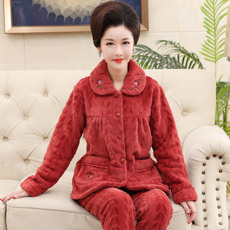 秋冬季保暖珊瑚绒妈妈睡衣中年女士加厚加绒法兰绒中老年人家居服