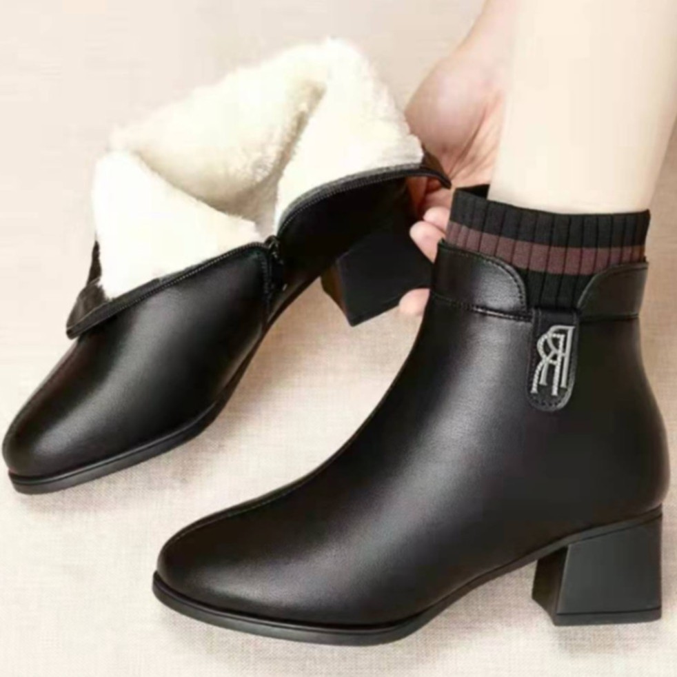 新款r钻加绒保暖粗跟真皮时尚百搭棉鞋马丁靴短靴加厚女鞋