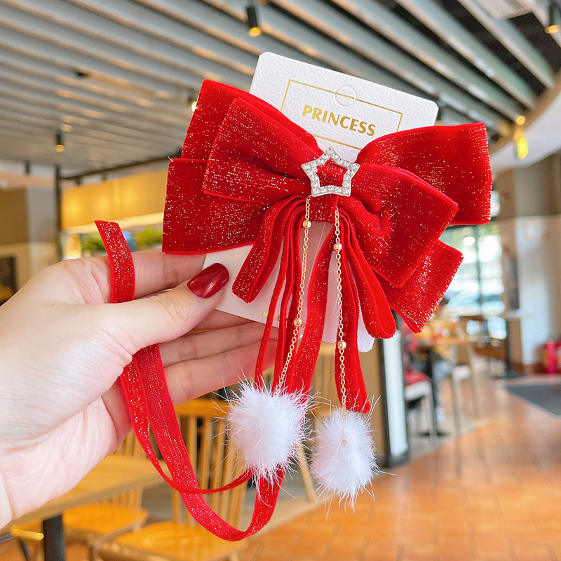 【梦蜜】2022新春新年节日儿童红色亮带双毛球发夹女中国红国潮风