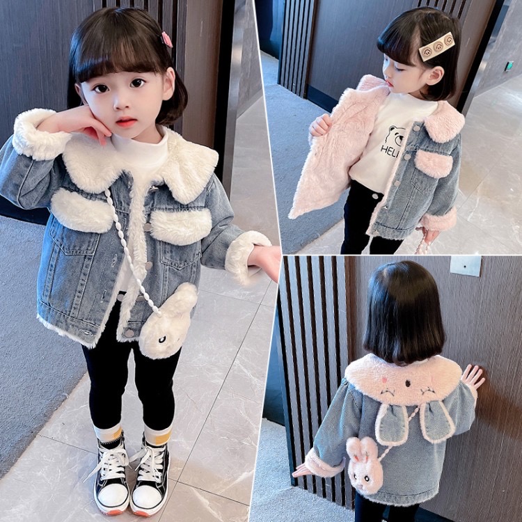 2025新款女童秋冬季外套女宝宝小兔子加绒牛仔外套