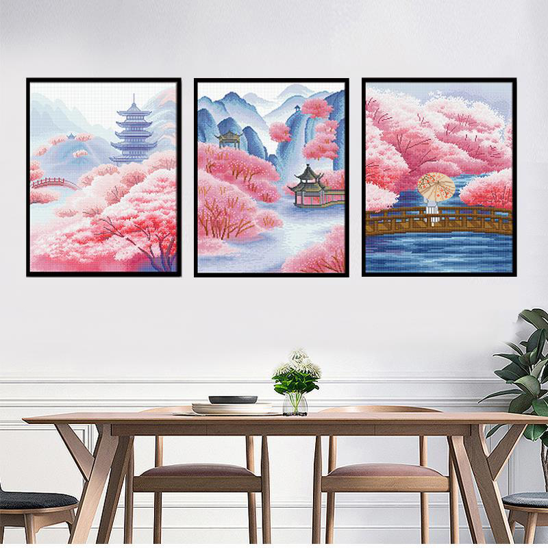 爱阁十字绣 古风桃林三联画 简约唯美风景画客厅卧室手工绣桃花