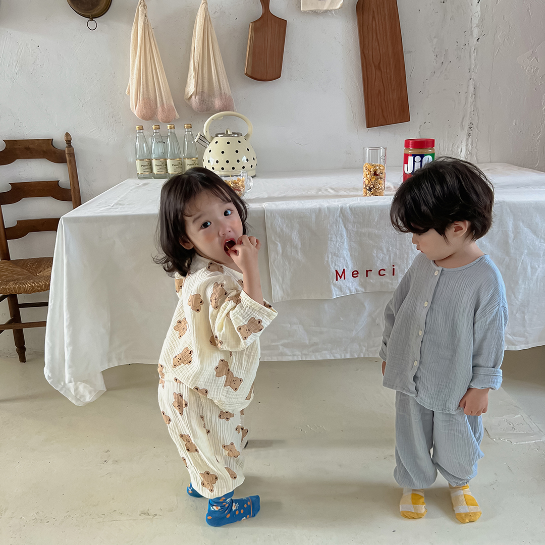 儿童2025春秋季长袖睡衣套装男女童宝宝双层棉纱洋气韩版家居服潮