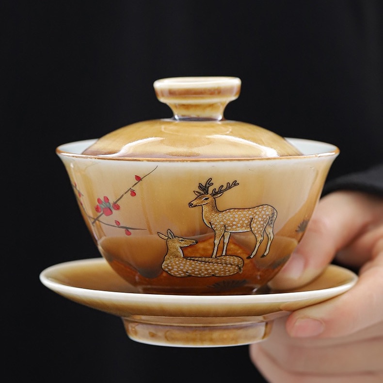 万瞬手绘盖碗纯手工陶瓷三才碗家用窑变敬茶碗功夫茶具茶杯泡茶器