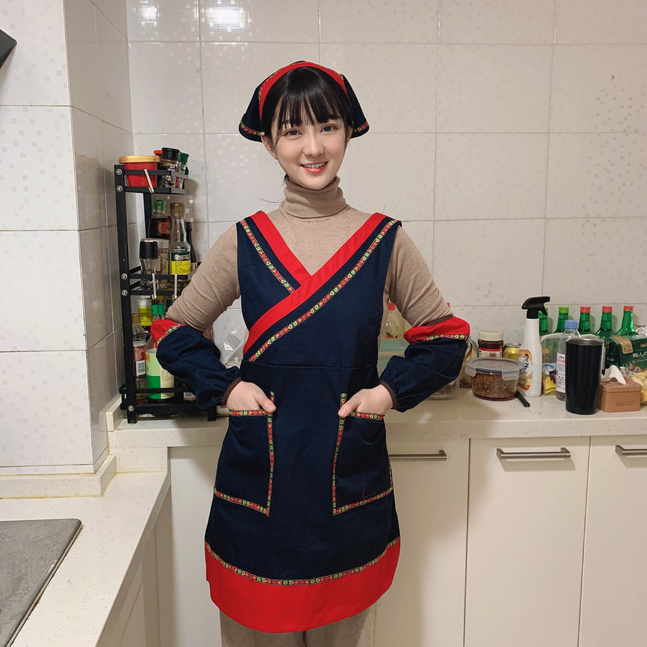 七之莲【30128】复古民族风时尚家用厨房服务员工作服围裙中式做饭