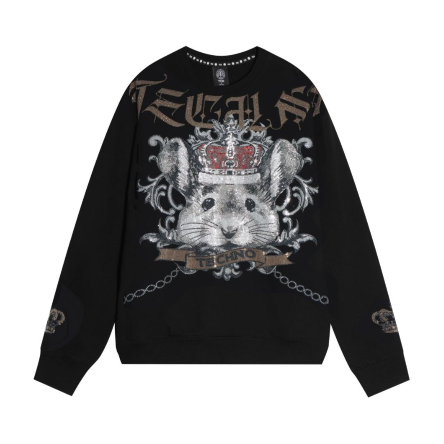 爆款-TCH皇冠鼠烫钻圆领卫衣男女同款潮服宽松情侣T21311C6025