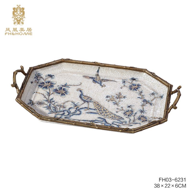 FH&HOME/凤凰美居欧式奢华青花玄关复古客厅古典孔雀描金托盘摆件