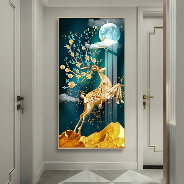【麋鹿玄关镶钻晶瓷】福禄玄关装饰画高档走廊过道竖挂画顺丰发货